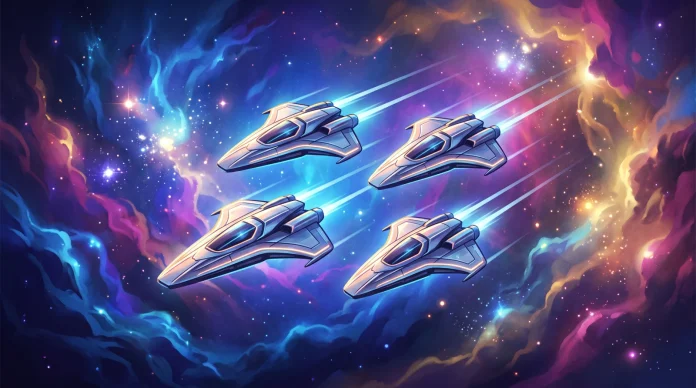 Conceptual illustration of starships flying in formation through space.