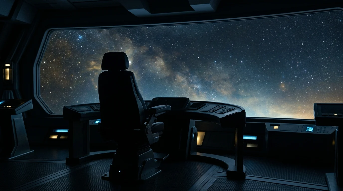A conceptual silhouette of a futuristic command chair against a starfield.
