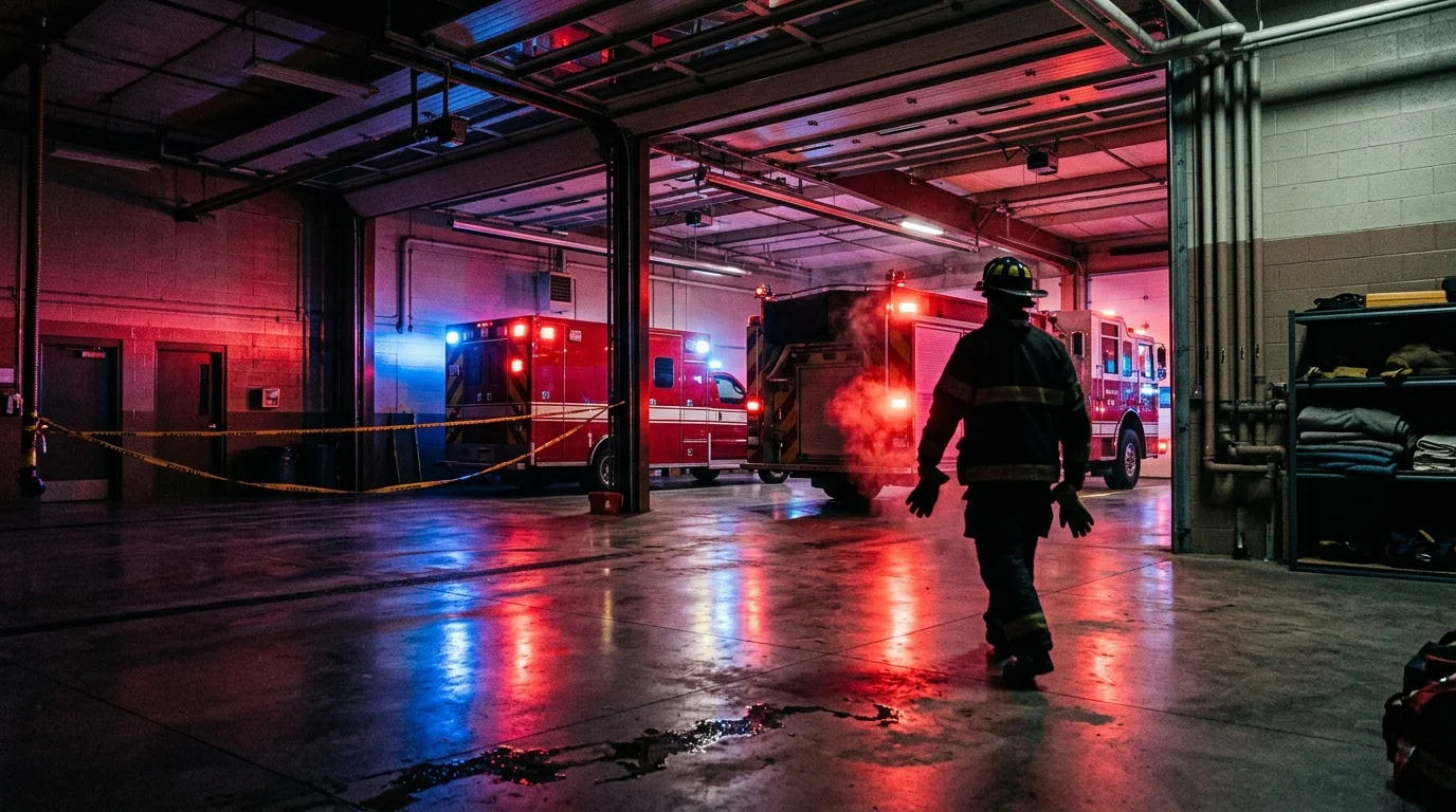 Fire Country Season 5 Shifts Focus to High-Concept Spectacle and Shorter Arc 1 The interior of a dimly lit fire station garage with emergency lighting.