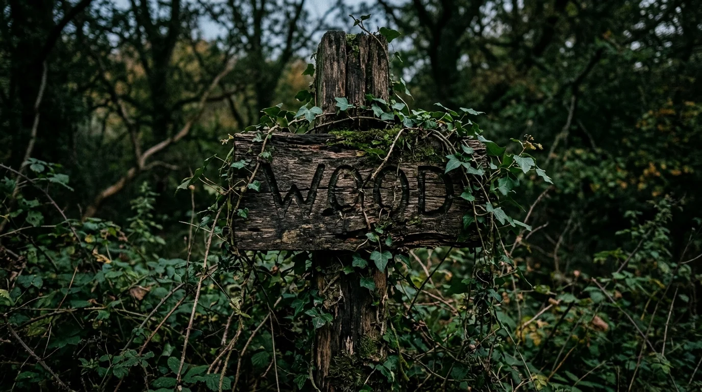 An old wooden sign with weathered text indicating the entrance to a mysterious town.