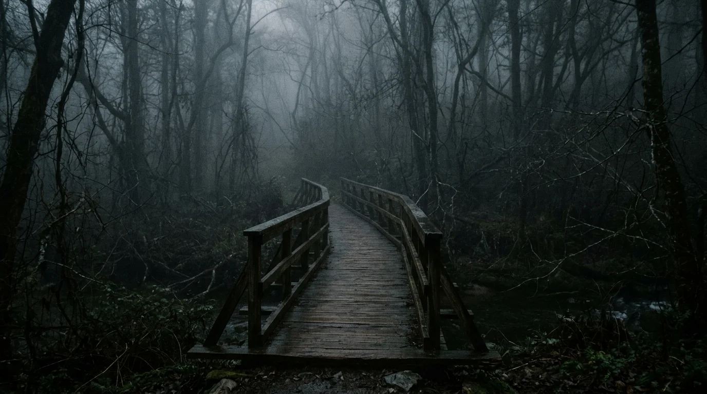 A misty wooden bridge shrouded in heavy fog entering a dark forest.