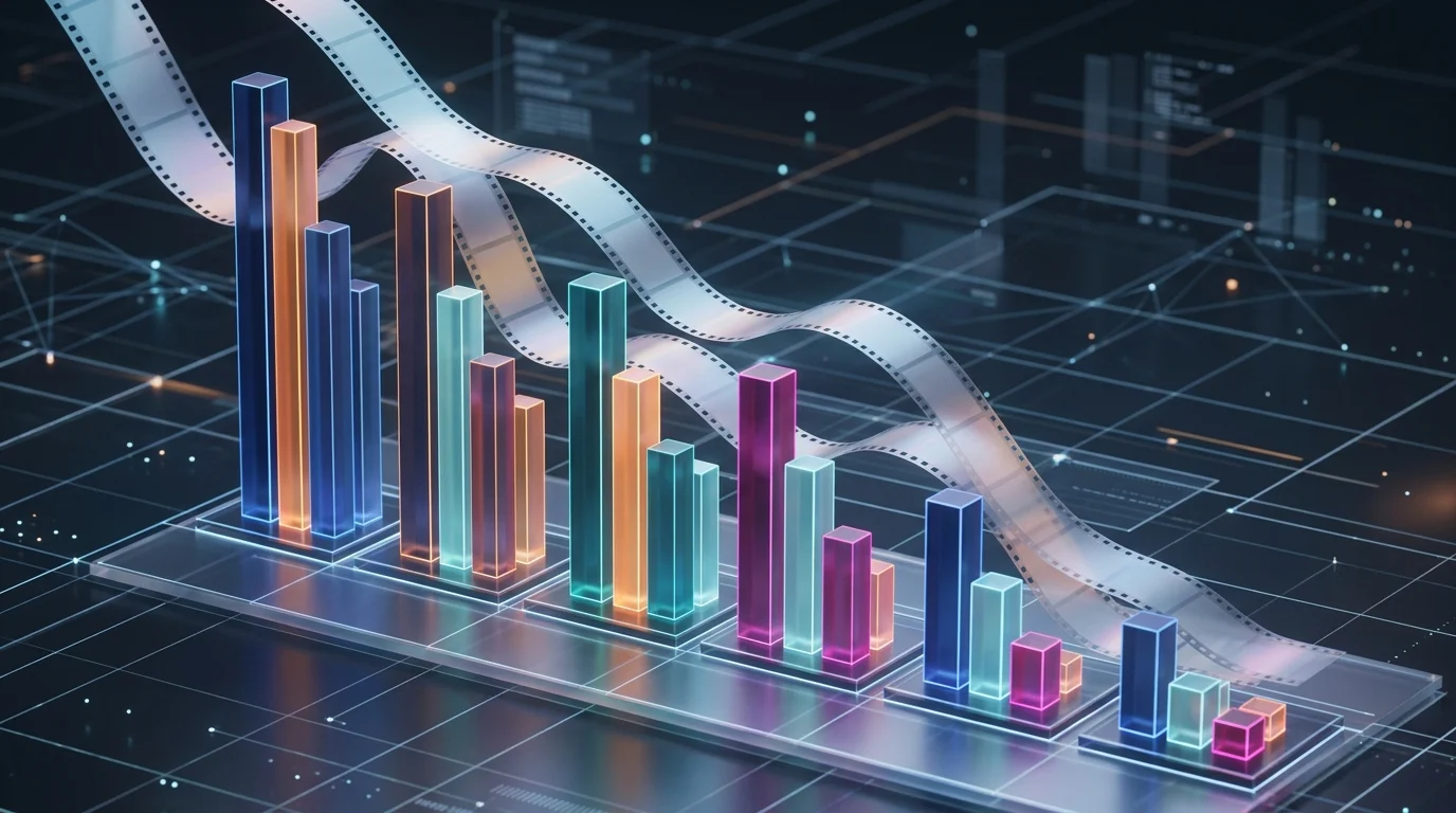 Abstract visualization of film strips and data charts.