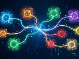 A conceptual illustration of interconnected digital service subscriptions on a dark background.