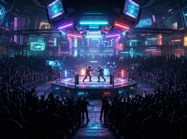 A conceptual neon-lit fighting arena stage under stadium lights.