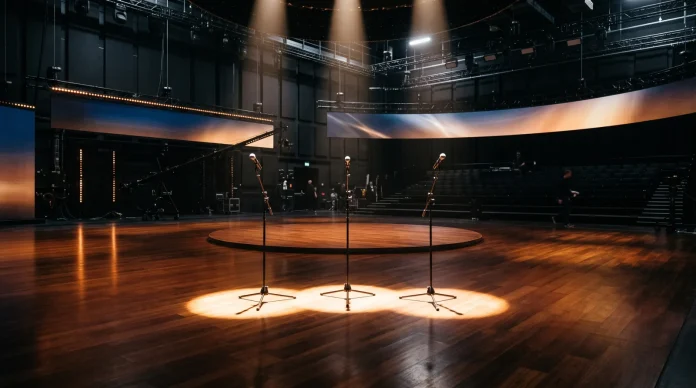 Conceptual image of three spotlights on a ballroom floor representing the new Strictly hosts