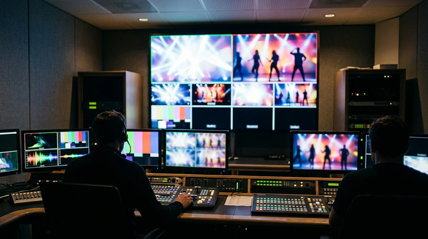 Abstract representation of a TV control room.