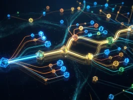 Conceptual representation of structured AI decision nodes and digital logic paths.