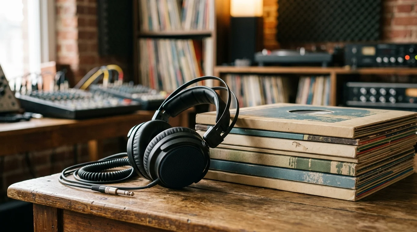Phil Collins Displays Mental Acuity in Public Outing Following Recent Health Rumors 1 Studio headphones resting near vinyl record sleeves.