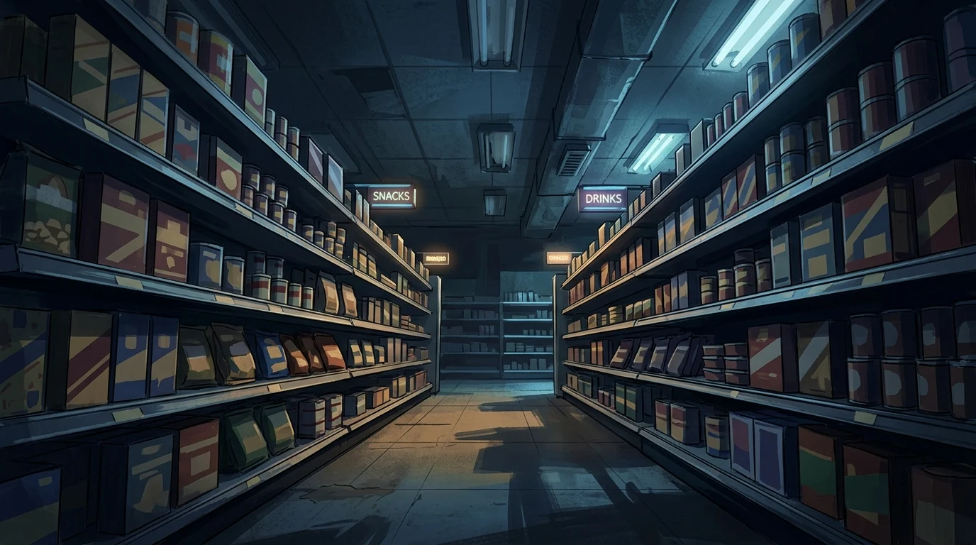 A moody, stylized illustration of a convenience store aisle at night.