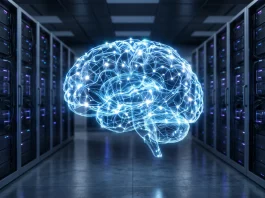 A glowing blue digital brain structure in a dark server room environment.