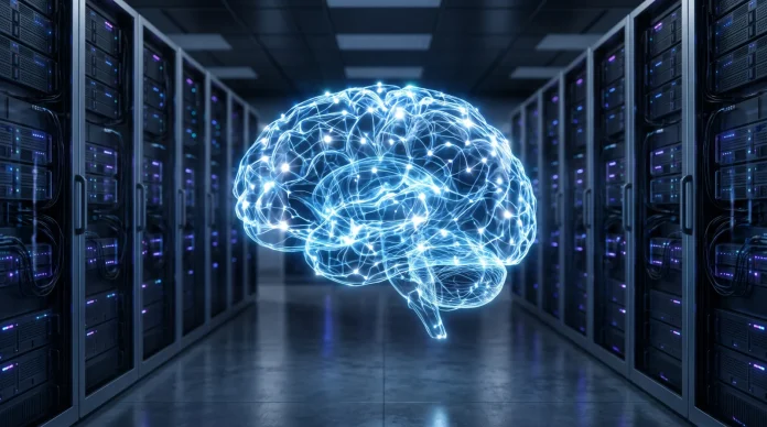 A glowing blue digital brain structure in a dark server room environment.