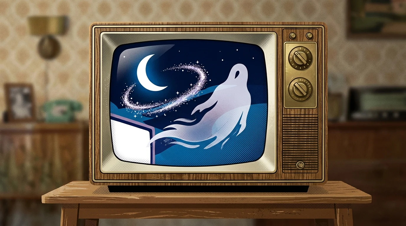 Conceptual graphic of a vintage TV screen with supernatural symbols.