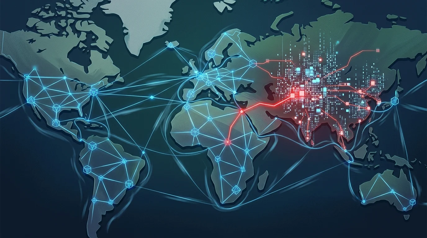A digital map showing a single node affecting a large data network.