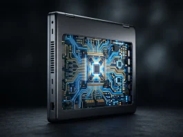 A conceptual view of a high-performance laptop showing internal processing power.