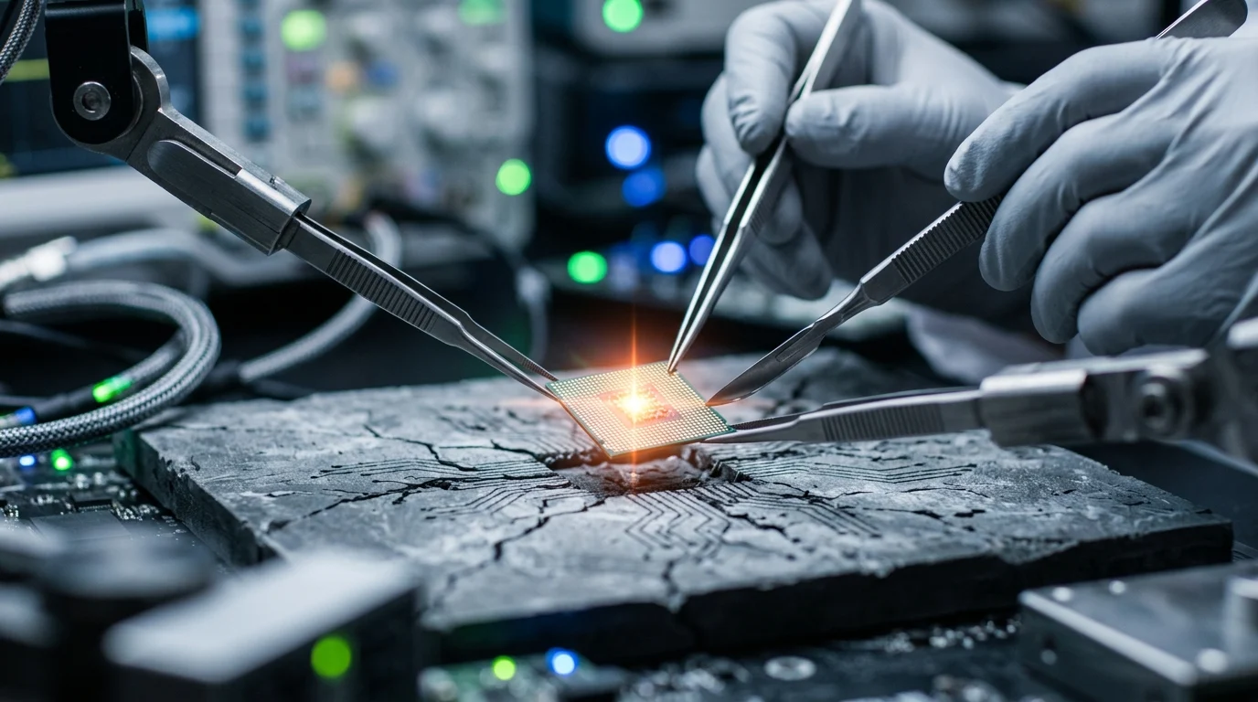 A conceptual image of a glowing microchip being extracted with precision.