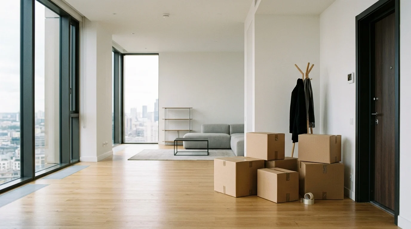 Katie Alexander Moves Out of Shared Flat as Eamonn Holmes Continues Hospital Recovery 1 A minimalist apartment interior with boxes, symbolizing a relocation.