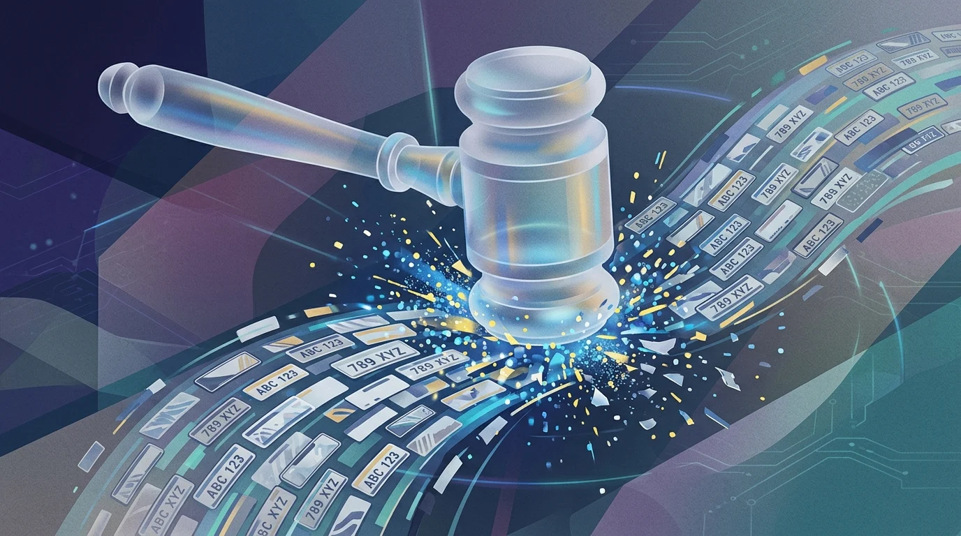 Conceptual image of a gavel over digital data streams.