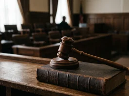 A gavel and law book on a desk in a courtroom setting.