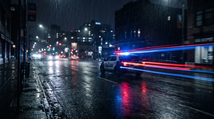 Blurred red and blue light trails from a police vehicle on a city street at night.
