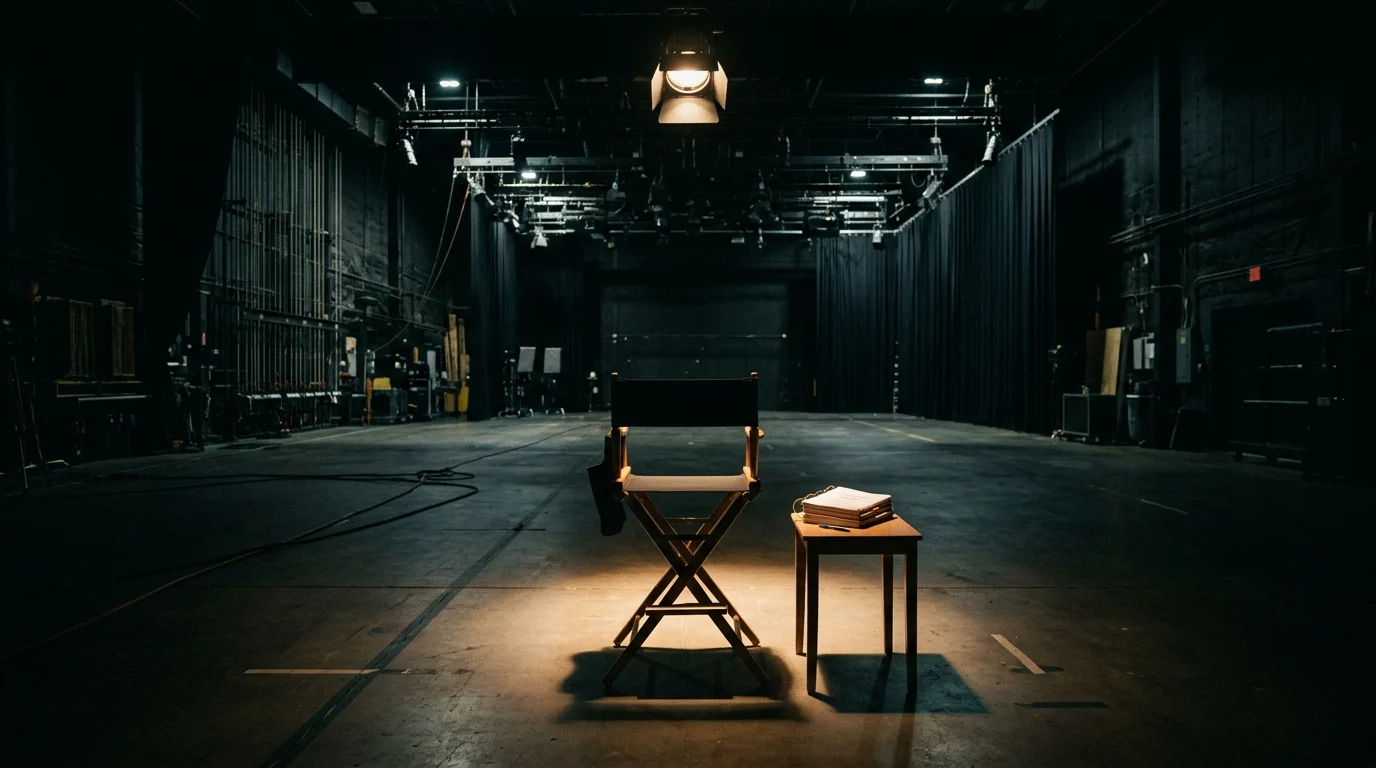 A professional television production set with a director's chair in a spotlight.