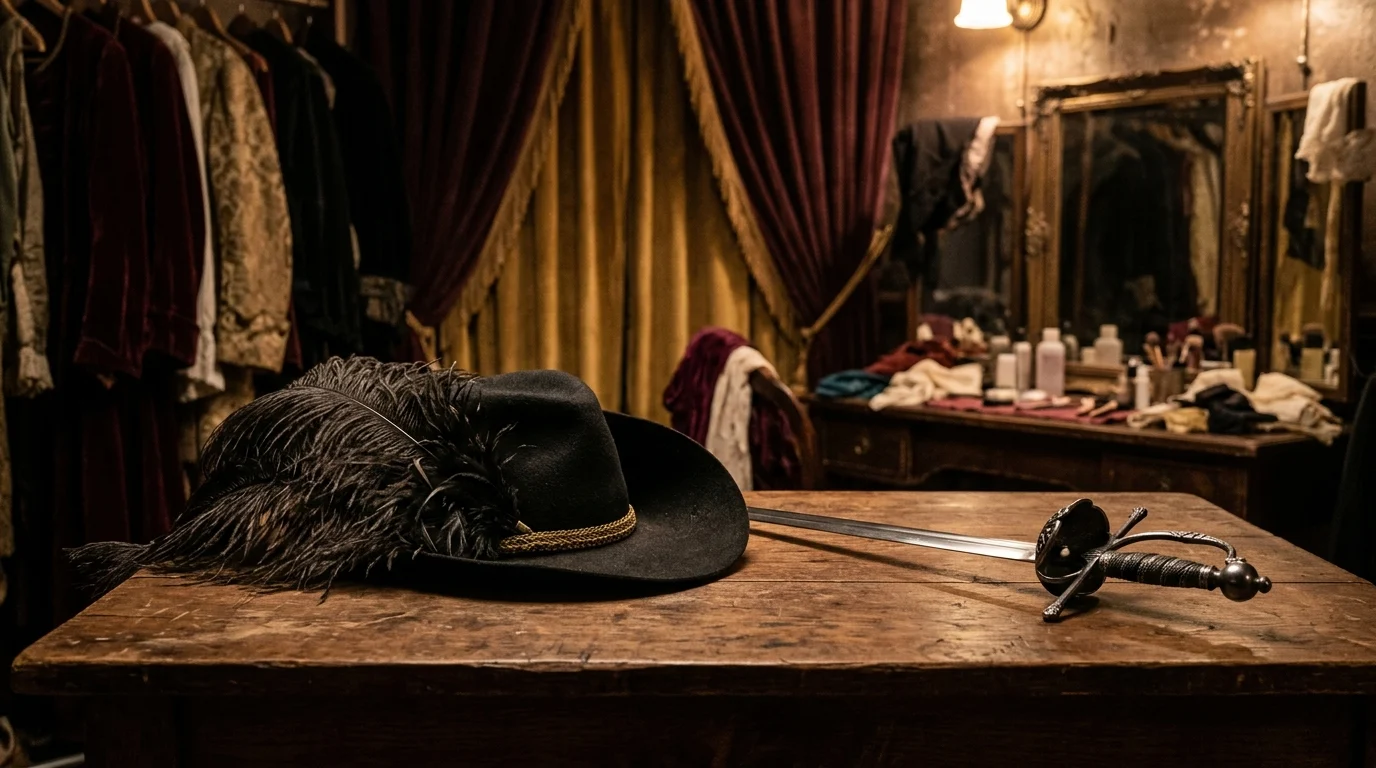 A 19th-century cavalier hat and sword on a wooden table.