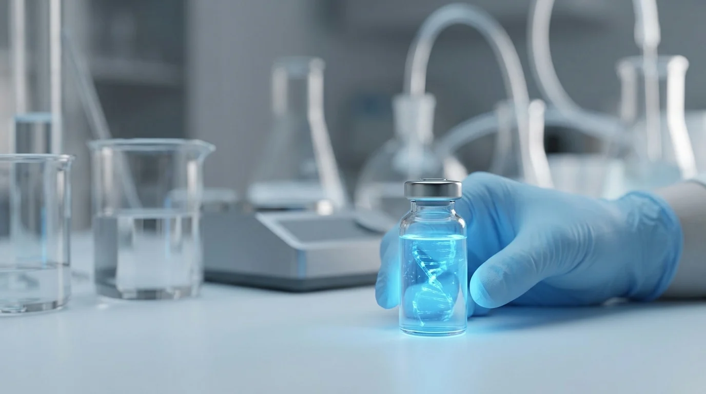 A laboratory vial containing synthetic genetic material.