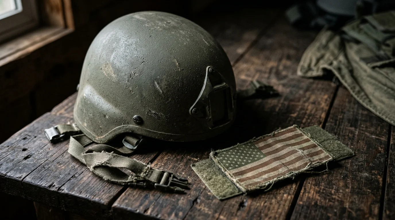 Close up of weathered military gear representing the grounded tone of the movie.