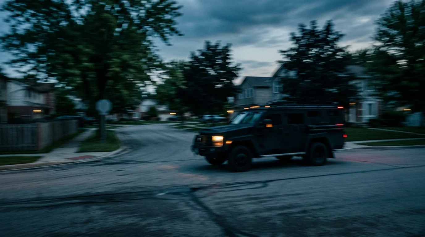 A tactical vehicle speeding through a suburban street at dusk.