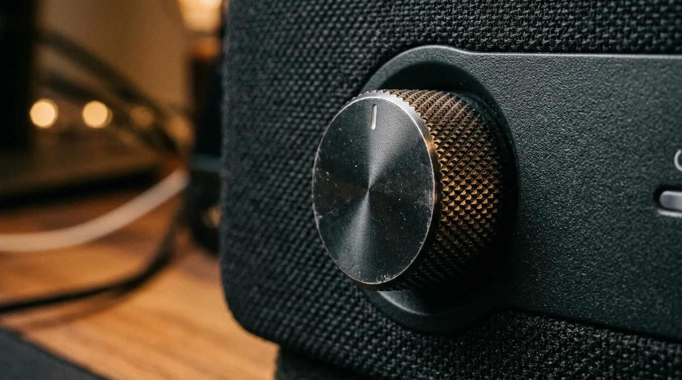 Close-up of a tactile volume knob on a portable speaker.