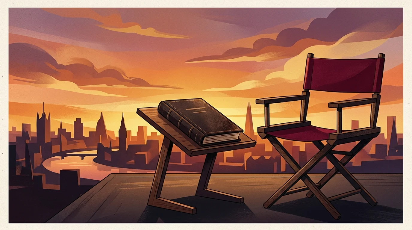 A script and director's chair overlooking a London skyline.