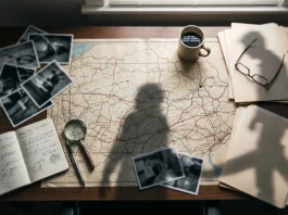 A conceptual overhead view of an investigative workspace representing the HBO series .