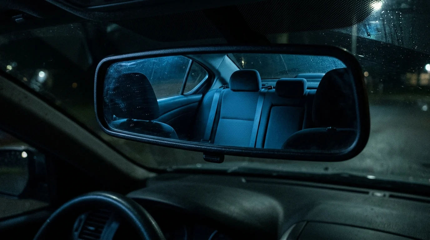 Anurag Kashyap and Vasan Bala Present ‘Aakhri Ride’: A Supernatural Lens on Mumbai Social Tensions 2 A close-up of a car rearview mirror showing a dark backseat.
