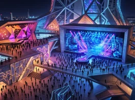 A conceptual rendering of a modern, multi-stage technology event space with geometric lighting.