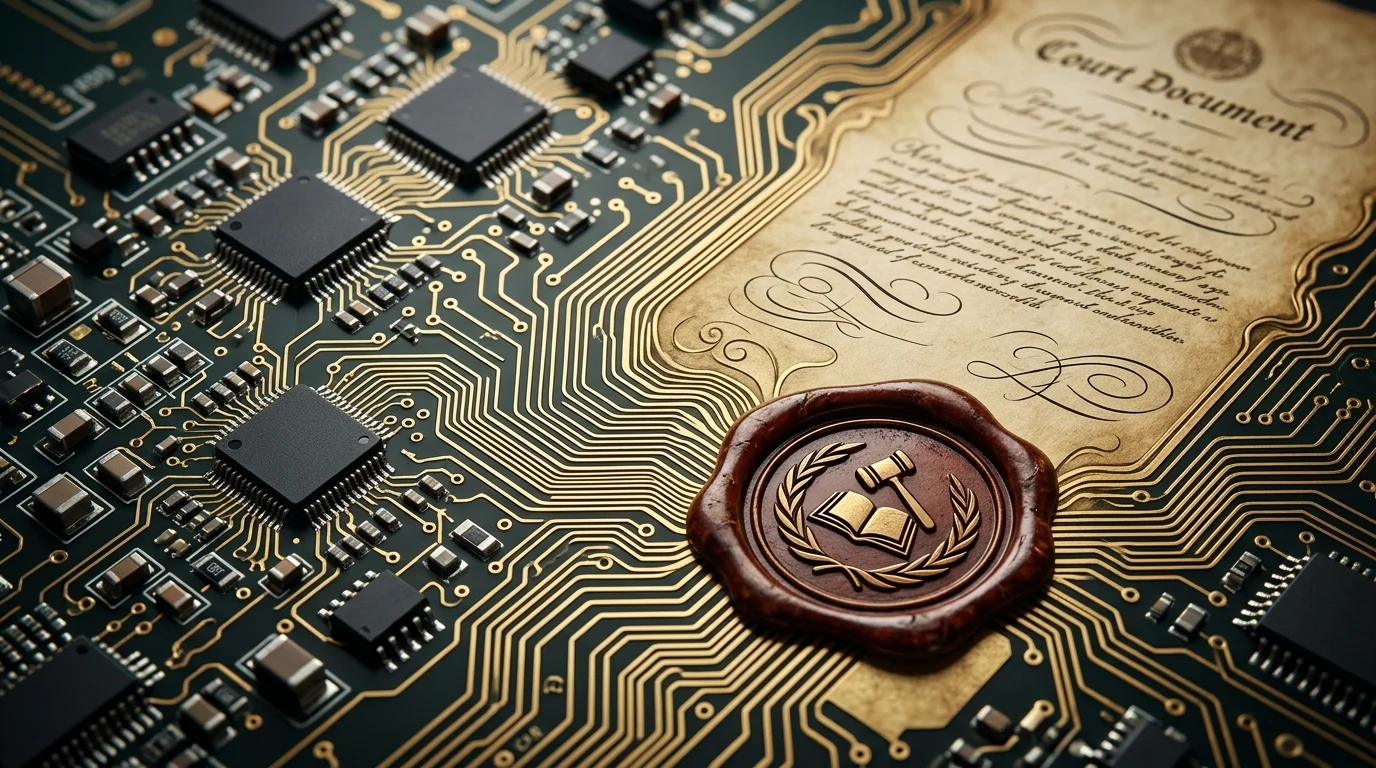 Digital circuit patterns forming a legal document.