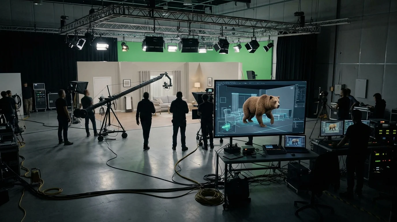 A digital rendering of a bear character on a production monitor.
