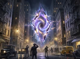 Conceptual art of a 1930s street with a sci-fi portal