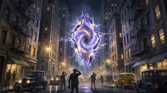 temporal-rift-new-york-concept Conceptual art of a 1930s street with a sci-fi portal