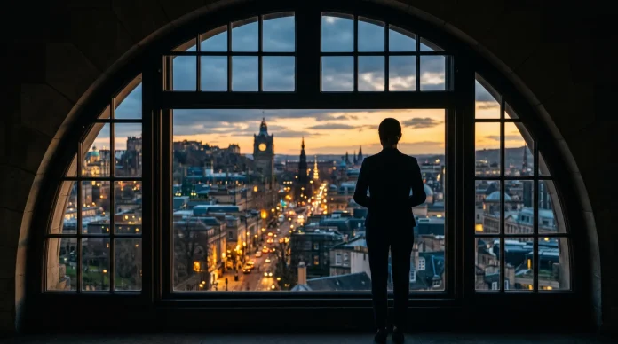 A cinematic silhouette of a diplomat looking out a window at a city.