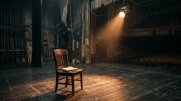 A single spotlight on a script and chair in a dark theater.