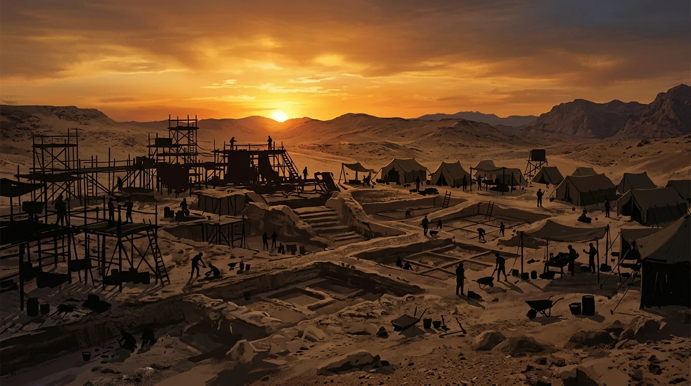 A wide-angle conceptual view of an archaeological excavation in the desert at dusk.