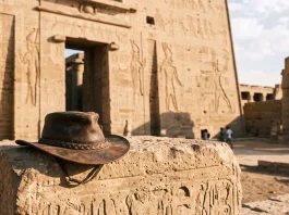 A leather explorer's hat on a stone block at an Egyptian archaeological site.