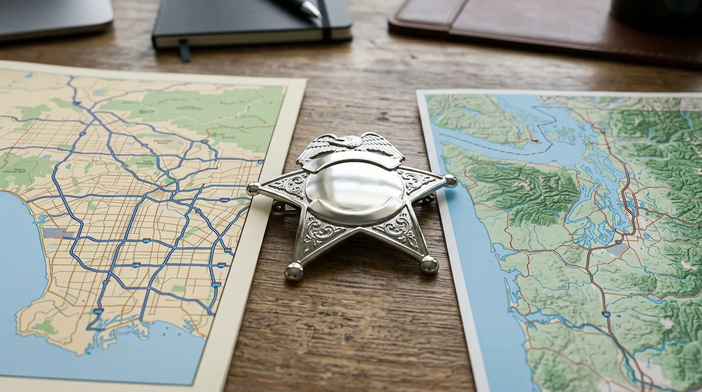A police badge placed between maps of California and Washington.