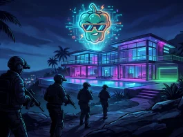 A conceptual art piece of a tactical team approaching a neon mansion with a stylized leek icon above it.
