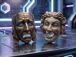 Conceptual image of theater masks on a futuristic metallic surface.