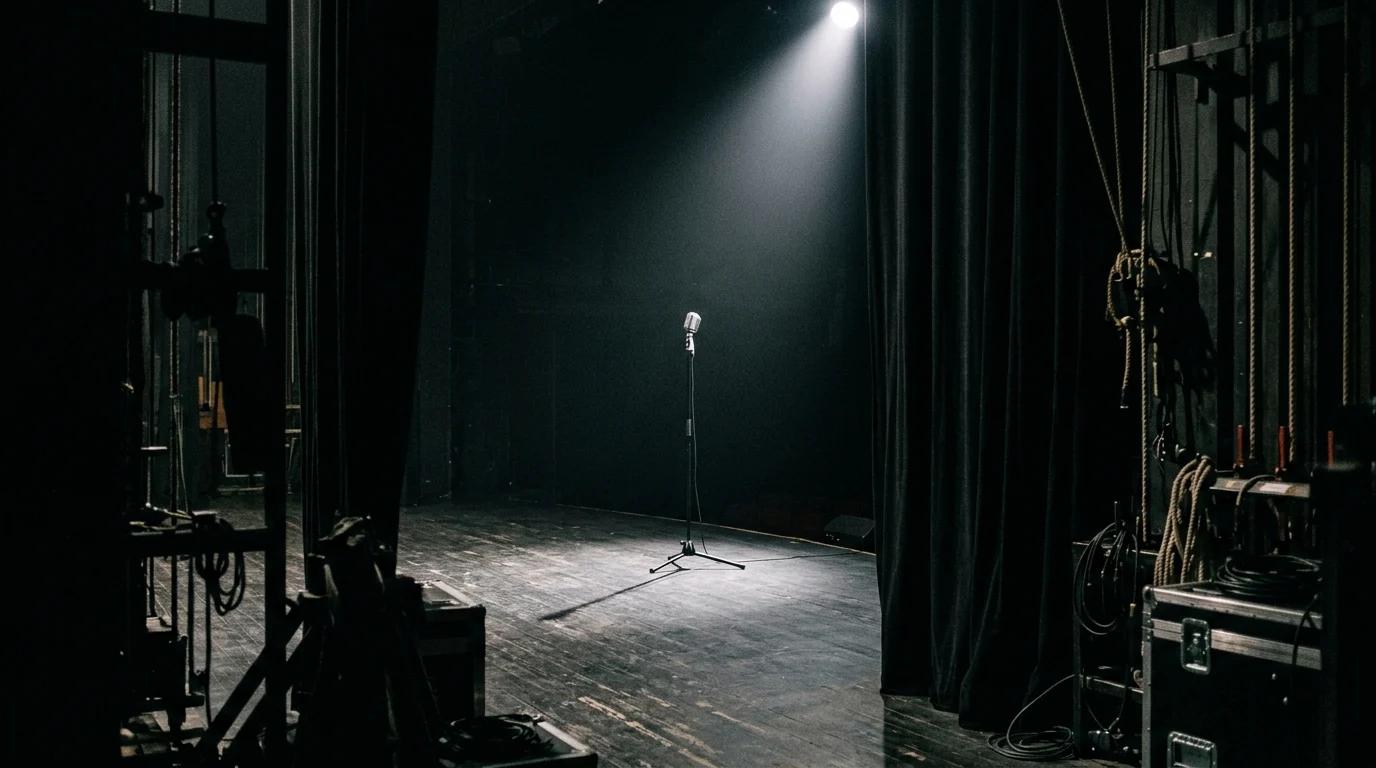 A moody stage setting with a single spotlight.