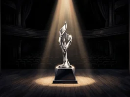 A conceptual illustration of an award under a spotlight.