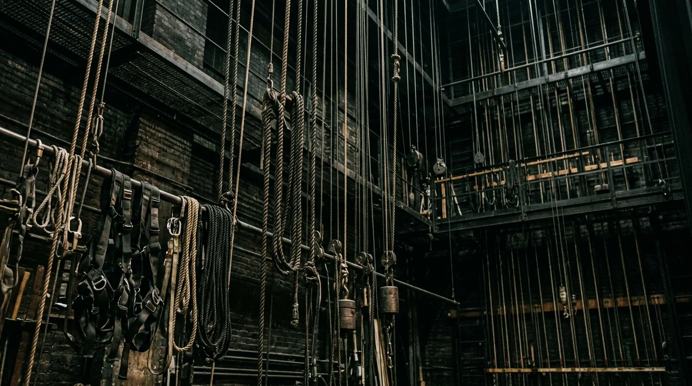 Heavy theatrical ropes and harnesses hanging in a dark studio.