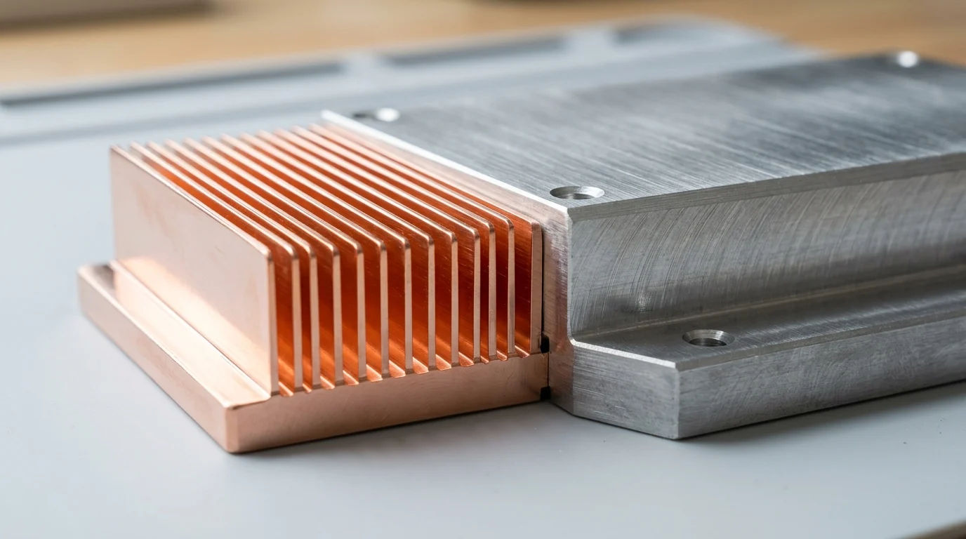 Detailed view of copper and aluminum metal components.
