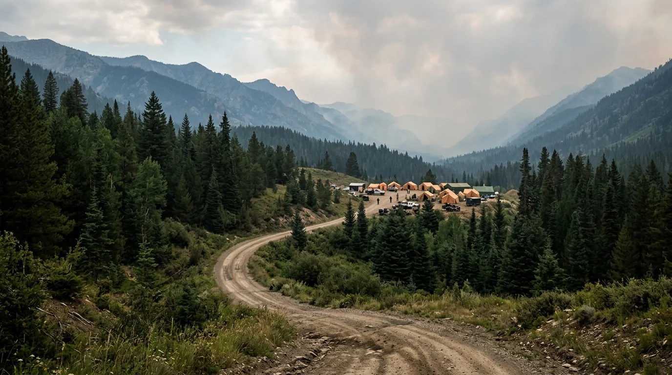 A rural fire camp located deep in a pine forest under a hazy sky.