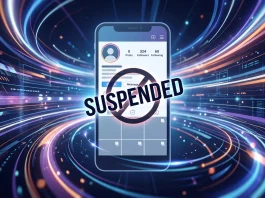 Conceptual illustration of a suspended social media account on a smartphone screen with cinematic lighting.